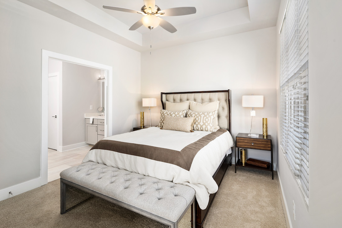 Master bedroom of model townhouse at Cosmopolitan