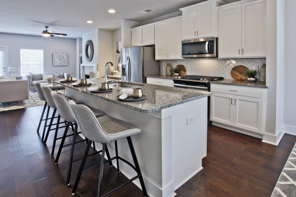 A kitchen island in the model home at Kensington Gates