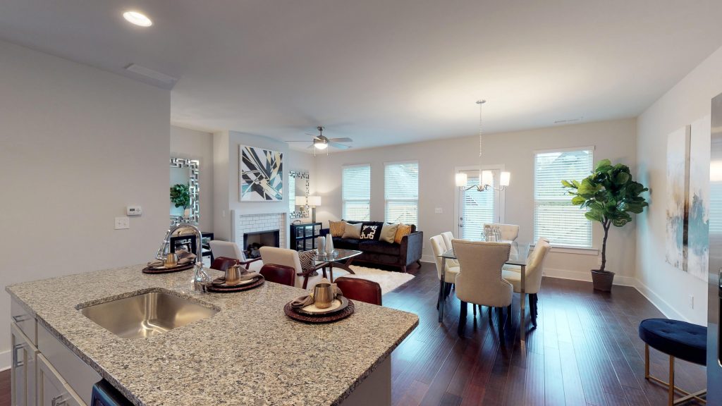 A kitchen in the Sutton Plan in a townhome in Heights at Grant Park