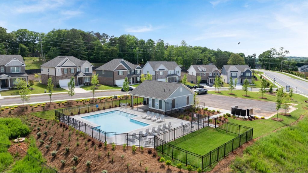Community amenities at Alcovy Village including pool, cabana, and playground.