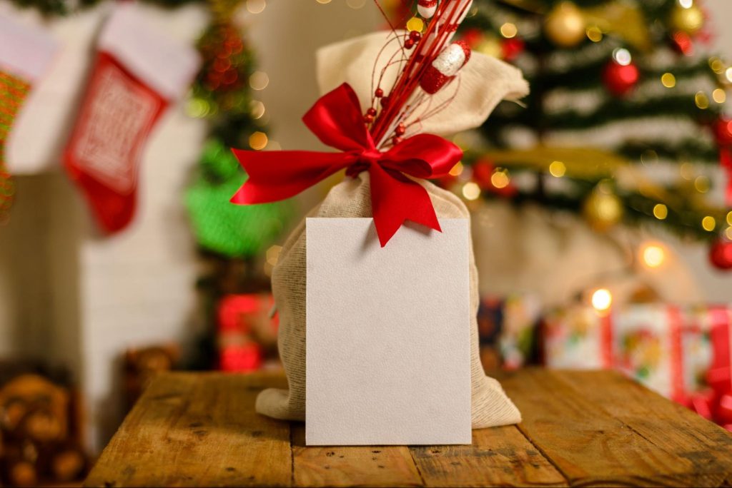 Winter houseplant gift wrapped in burlap with a red bow in a festive holiday setting.
©sandorfotografia
