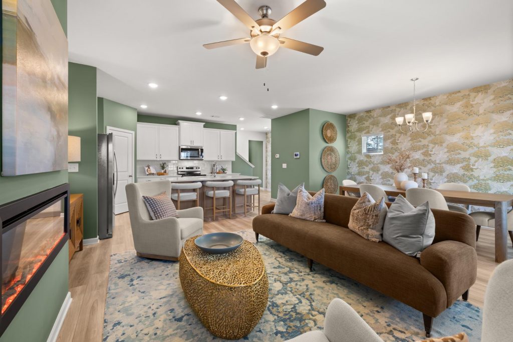 Open-concept living room and kitchen in a new Metro Atlanta home.