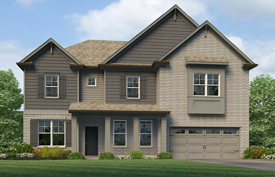 architectural rendering of a new multi-story single-family home by Rockhaven Homes at Etowah Landing in Cumming, GA, showcasing modern gray siding and stone accents.