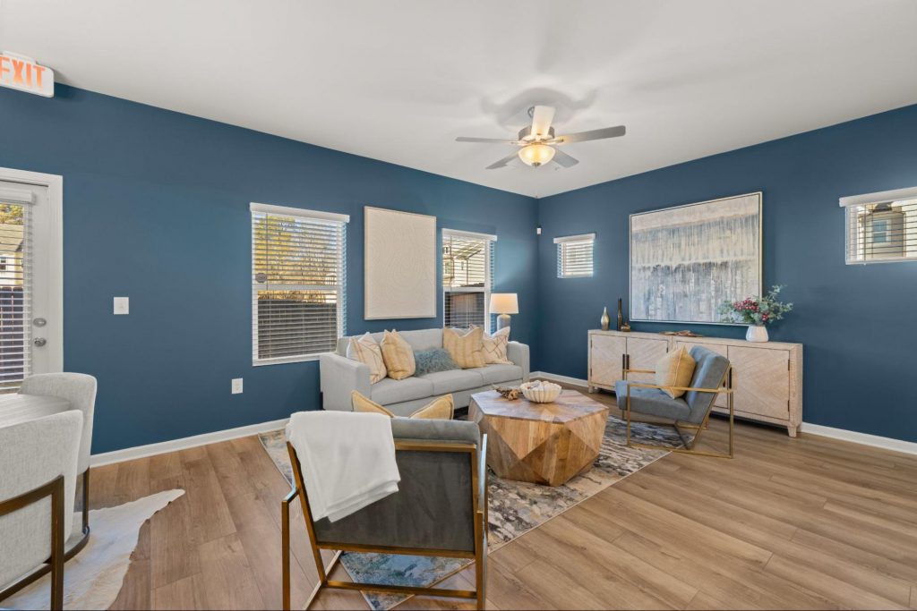 Decorated living room interior inside a Rockhaven Homes new construction townhome in Metro Atlanta.